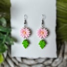 Pink Daisy and Leaf Polymer Clay Earrings 
