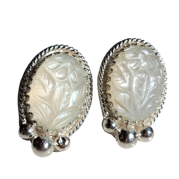 White Moonstone Earrings Sterling Silver Jewellery Gift Oval Mughal Carving