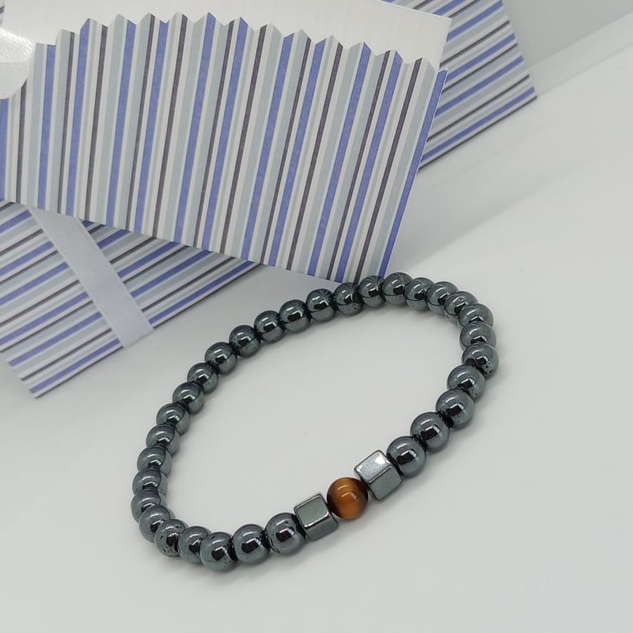 Tigers eye  gemstone focal bead hematite bracelet , gift envelope ready to post 