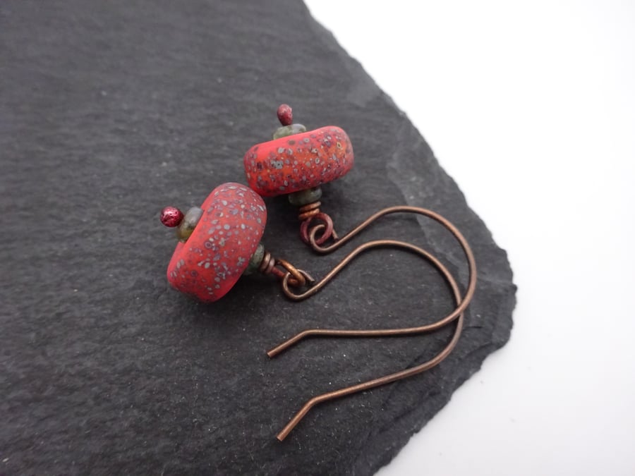lampwork glass earrings, red beads and copper jewellery