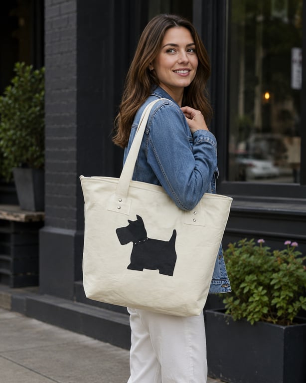 Leather tote bag black Scottie dog applique cream leather shopping bag zip top 