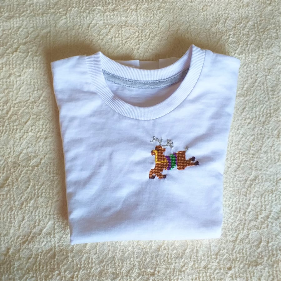 Reindeer T-shirt Age 2-3 years, hand embroidered