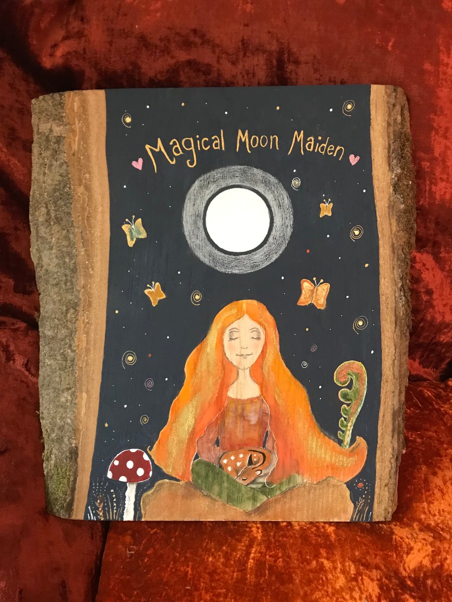 SALE! Painted Magical moon maiden wood piece