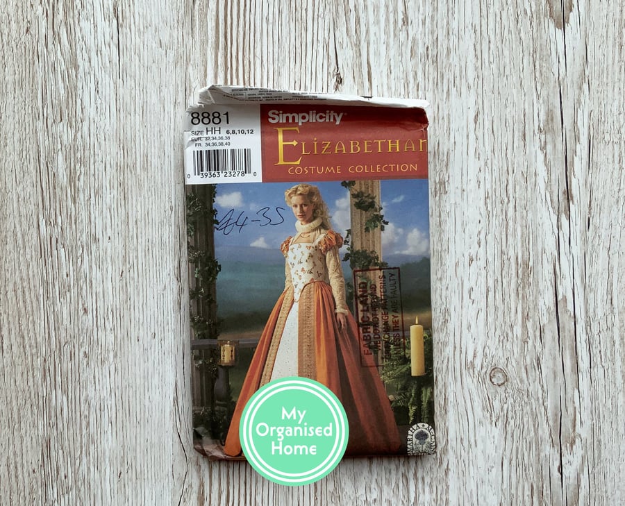 Simplicity 8881 Elizabethan style Martha McCain historic costume sewing pattern,