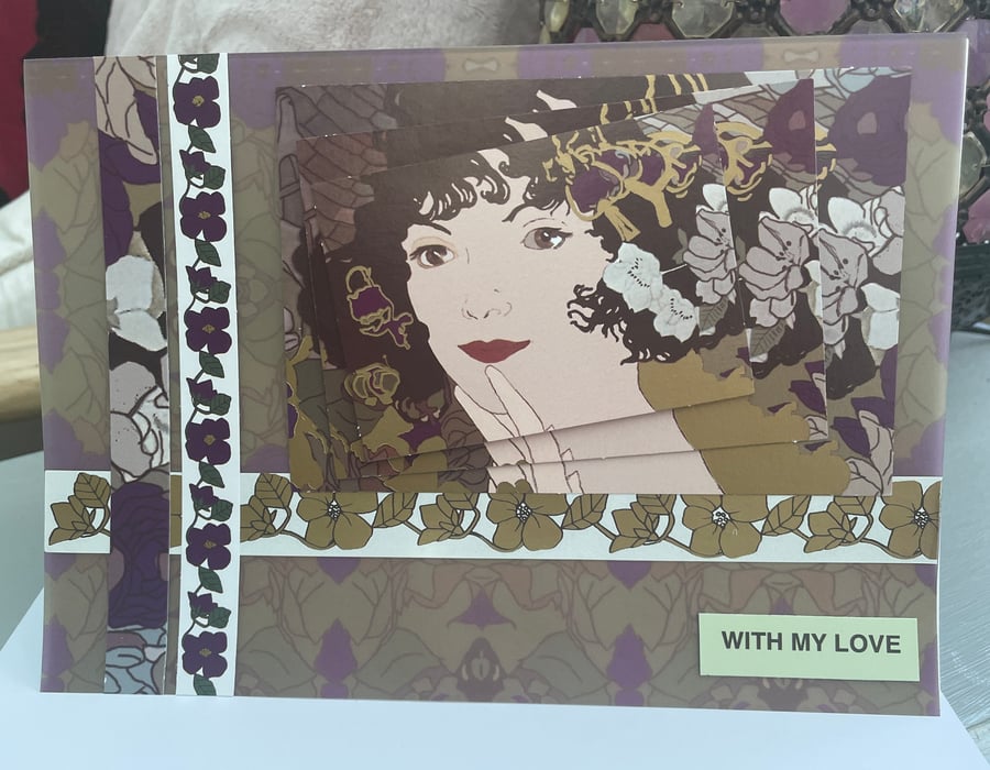 Art Nouveau inspired beautiful girl with flowers layered card