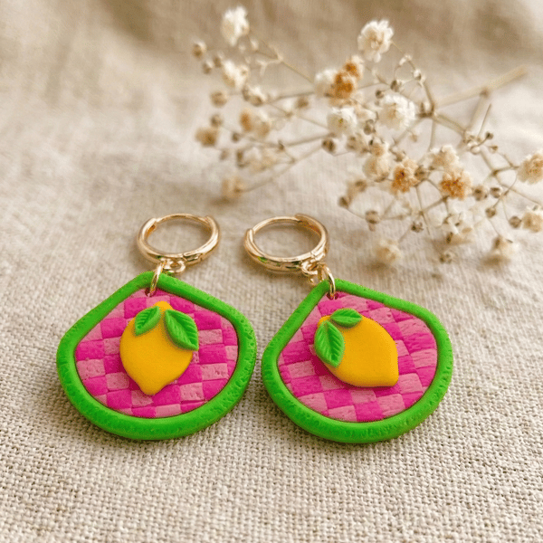 Lemon clay earrings for women, Lemon drop earrings for summer 