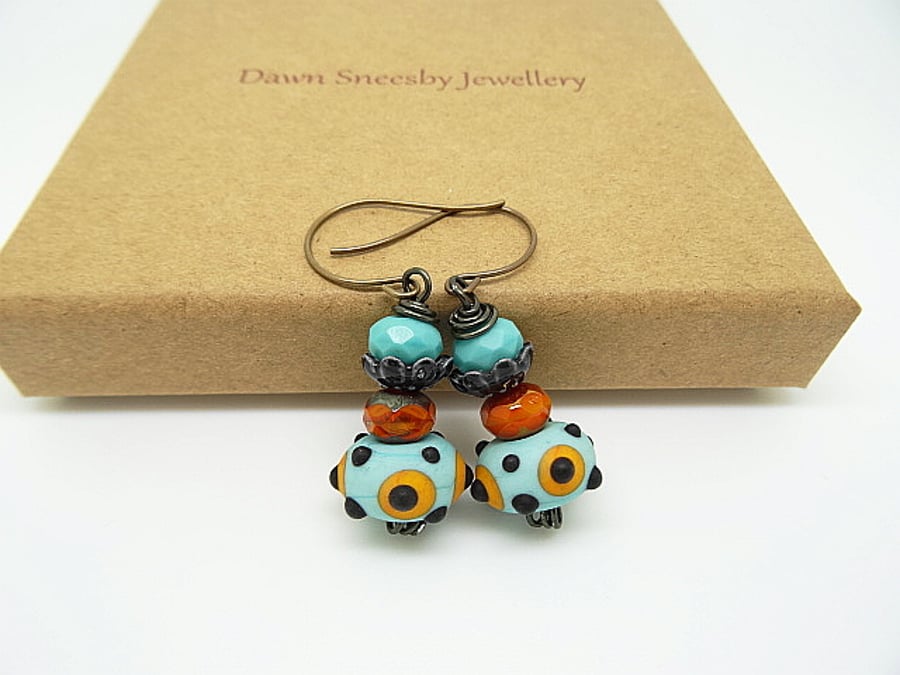 Lampwork Glass and Czech Glass Earrings, celestial space earrings.