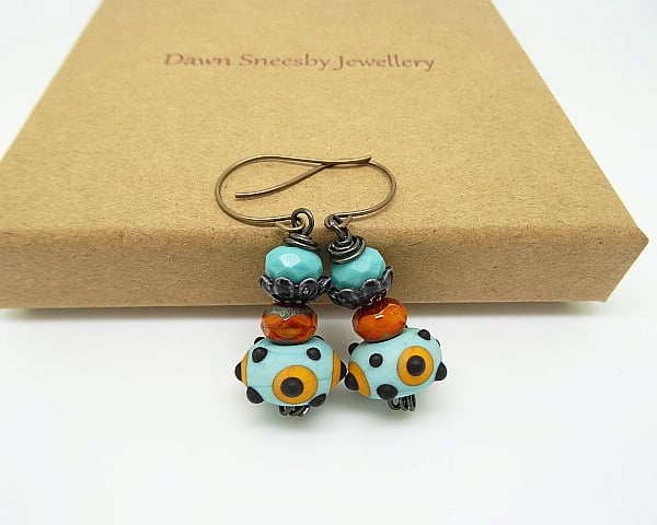 Lampwork Glass and Czech Glass Earrings, celestial space earrings.