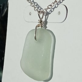 Recycled Sterling Silver Pale Lime Green Cornish Seaglass Wire-Wrapped Necklace