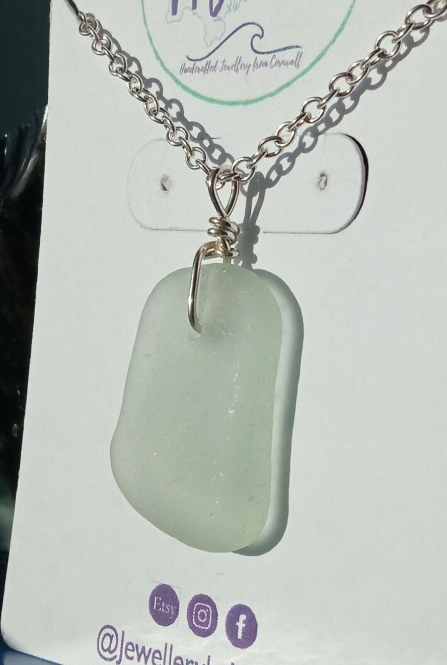 Recycled Sterling Silver Pale Lime Green Cornish Seaglass Wire-Wrapped Necklace