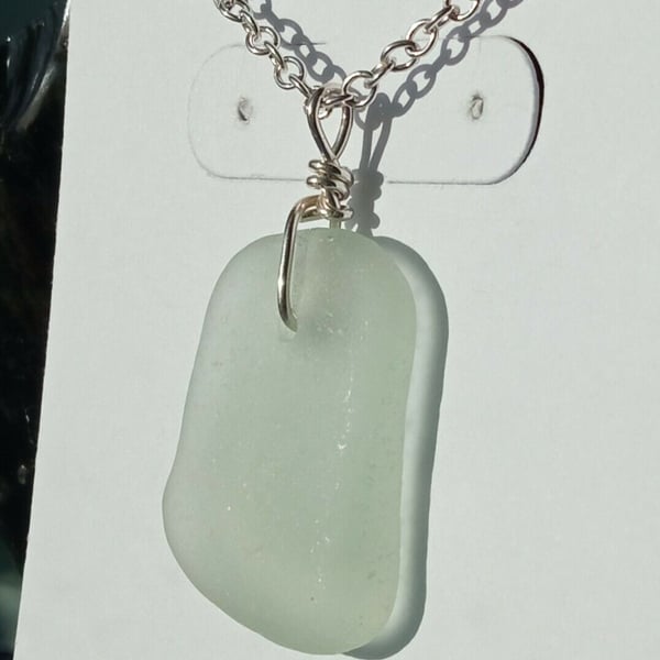 Recycled Sterling Silver Pale Lime Green Cornish Seaglass Wire-Wrapped Necklace