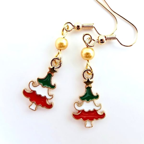 Christmas Tree Earrings With Gold Glass Pearl - Free UK Delivery
