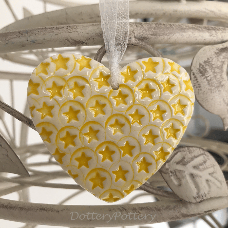 Small Ceramic heart yellow star decoration