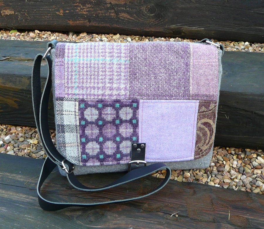 Crossbody bag purple grey patchwork shoulder bag grey wool tweed handbag