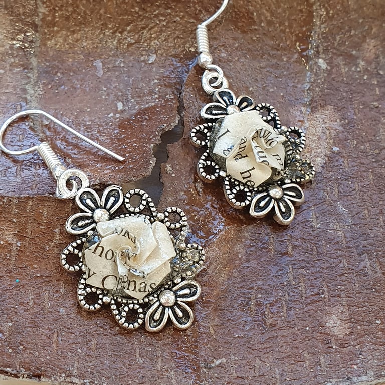 Little Women Book Earrings, Victorian Rose drop earrings, handmade origami gift