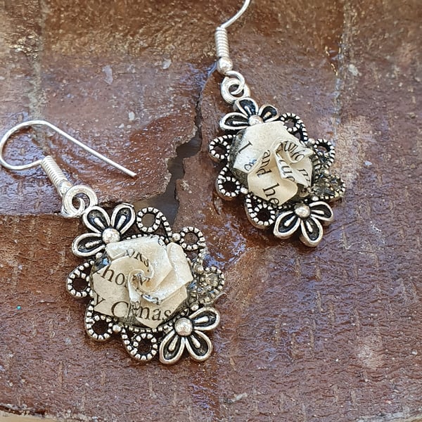 Little Women Book Earrings, Victorian Rose drop earrings, handmade origami gift