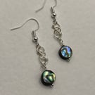 Wirework infinity symbol earrings with circular paua shell charms