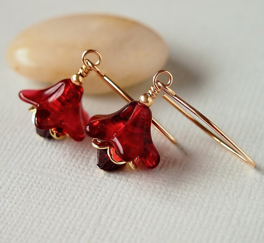 Red Flower Glass Bead Earrings - Gold Filled