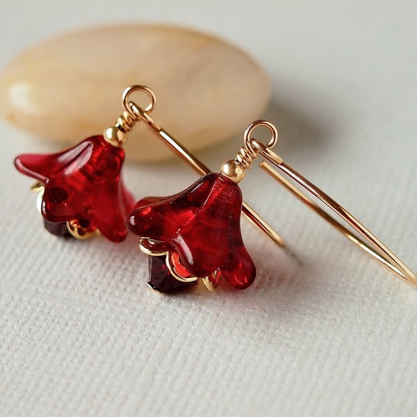 Red Flower Glass Bead Earrings - Gold Filled