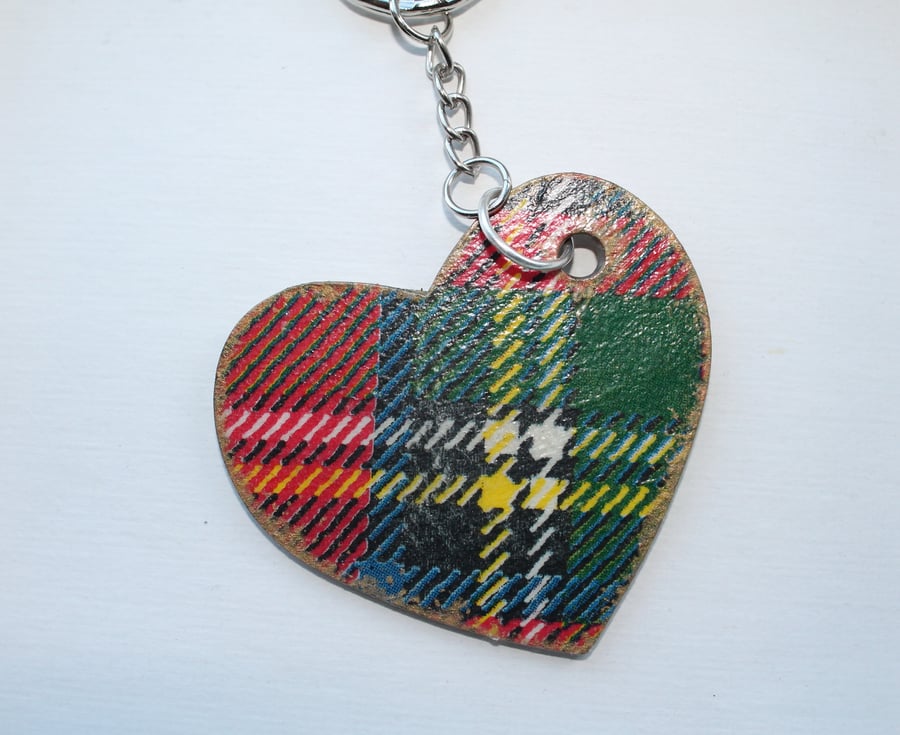 Decoupaged Double sided Heart Key Chain Keyring Checked