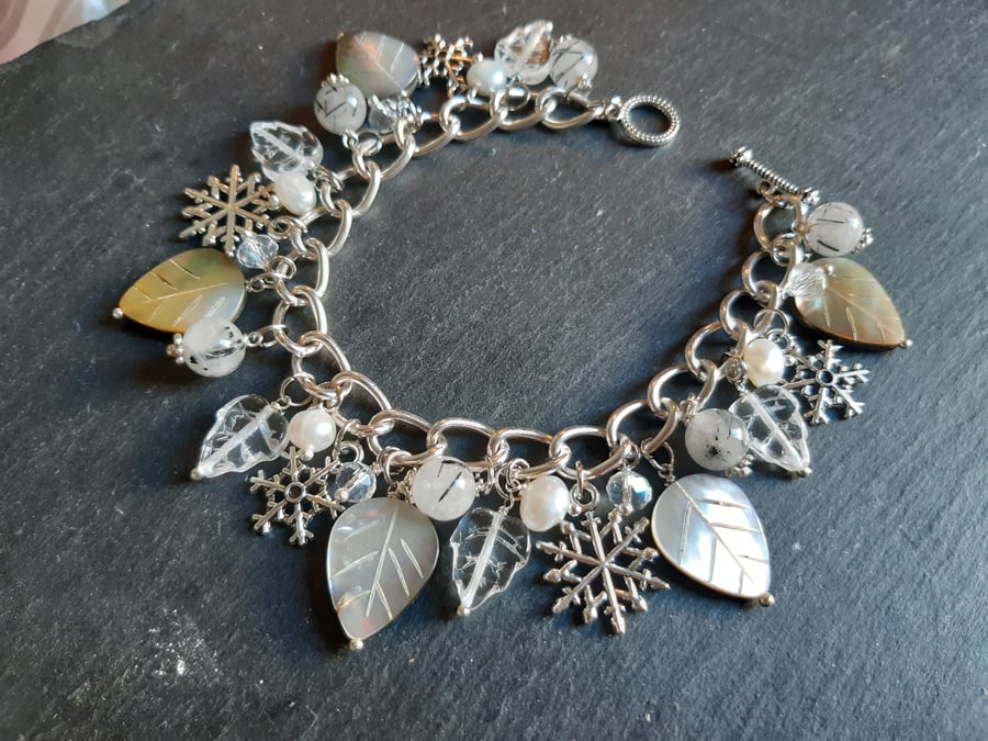 Mother of Pearl and Crystal Leaf and Snowflake Charm Bracelet Silver plated