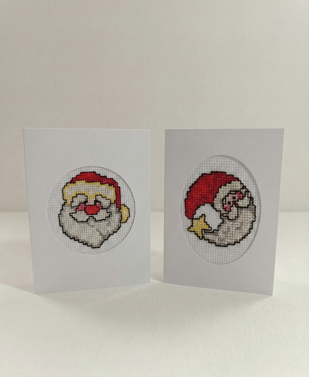 Hand Stitched Father Christmas and Moon Xmas Cards, Set of Two