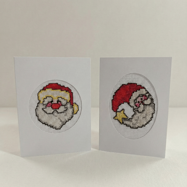 Hand Stitched Father Christmas and Moon Xmas Cards, Set of Two