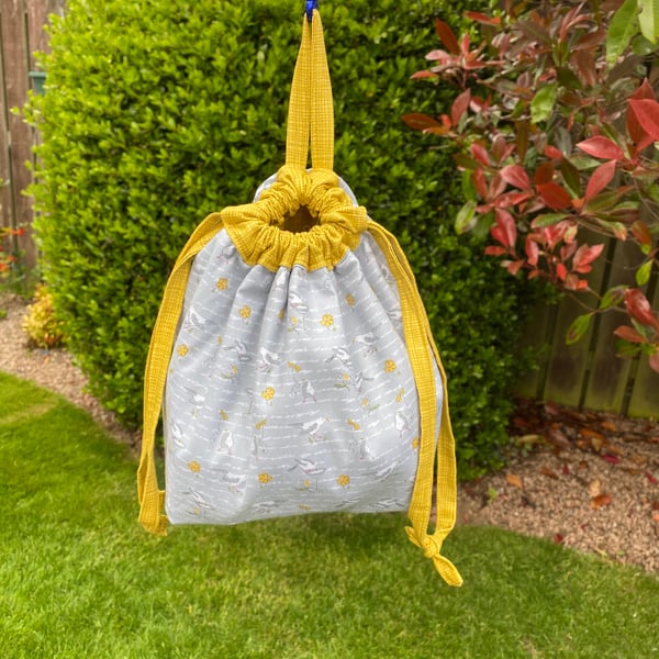 Grey and yellow birds and flowers Cotton Drawstring Peg Bag with hanging Tab