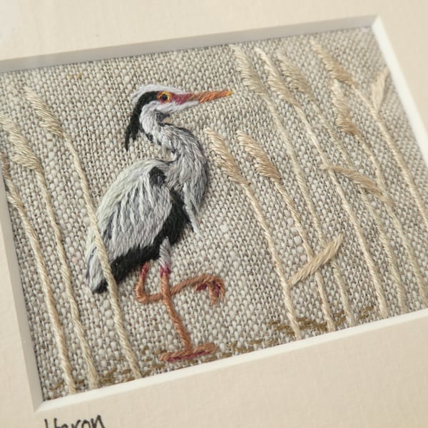 Heron - hand stitched textile picture