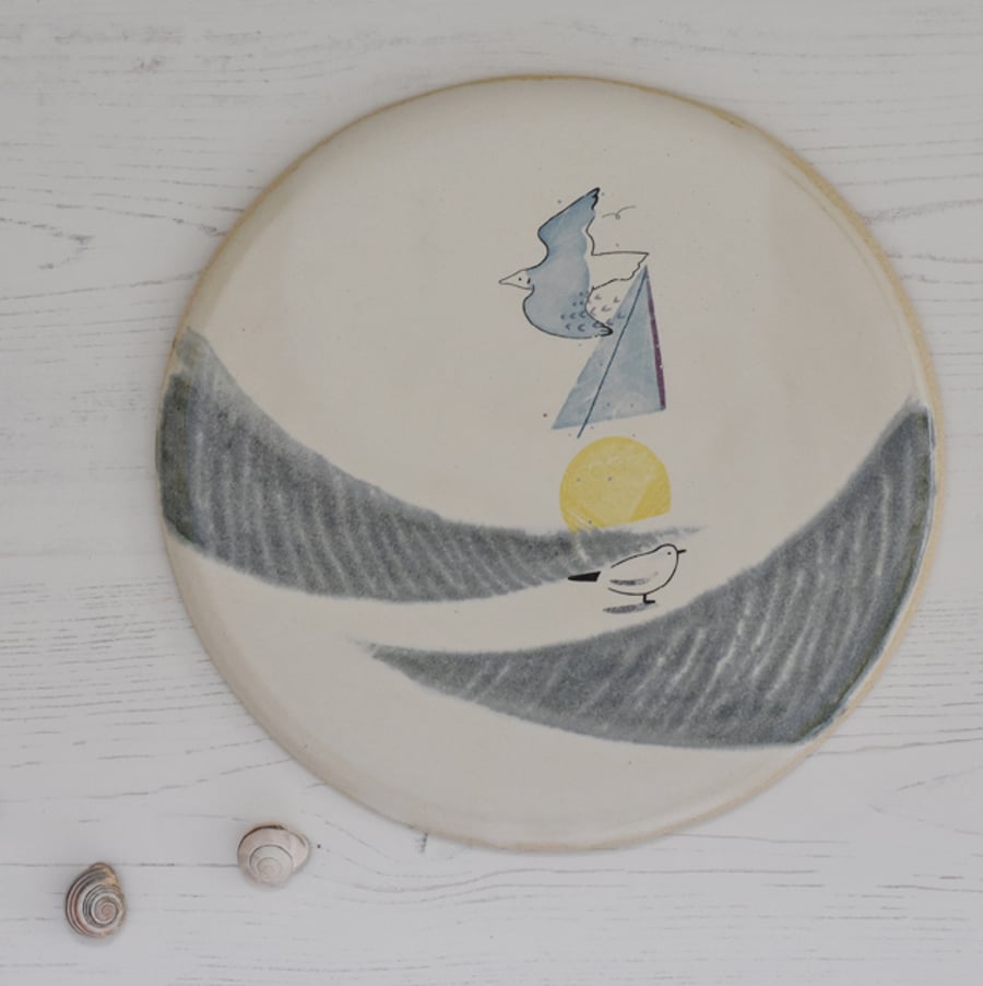 Coast inspired round ceramic platter for cheese etc - handmade pottery