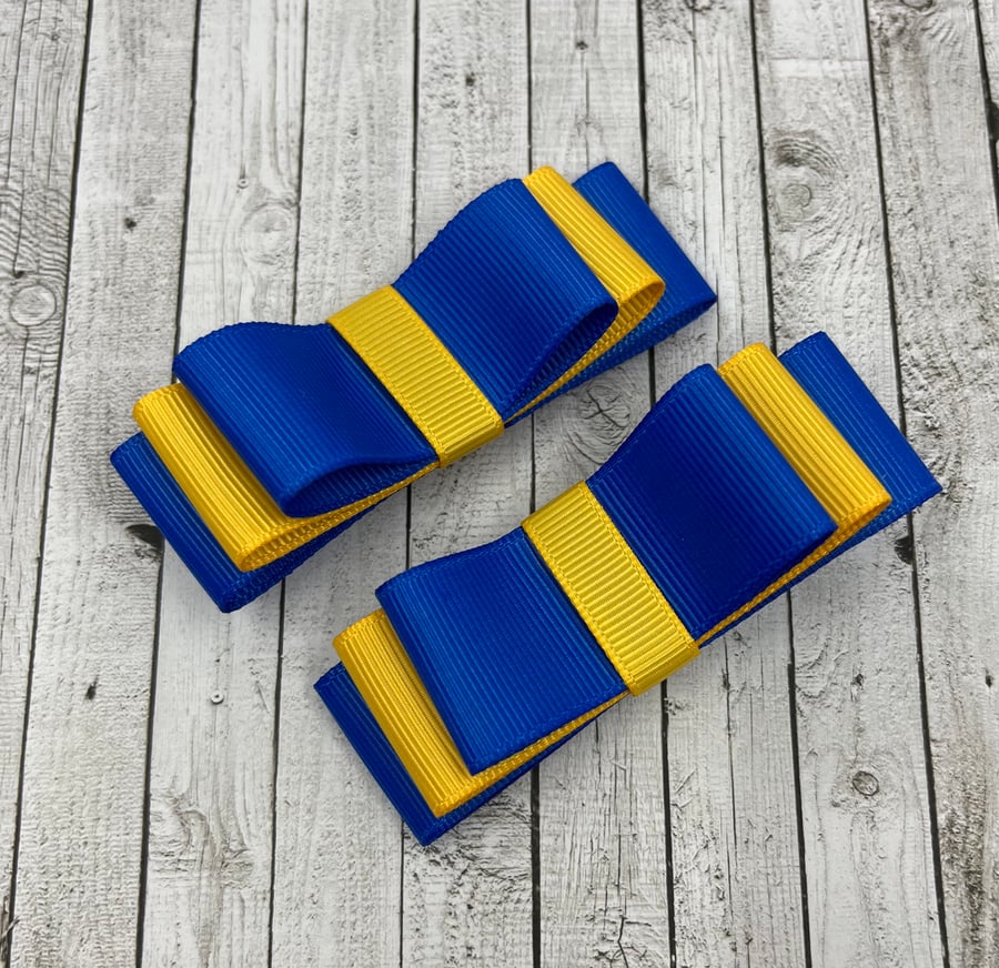 Royal Blue and Yellow Gold 3 inch Straight Bows on Clips (pair)