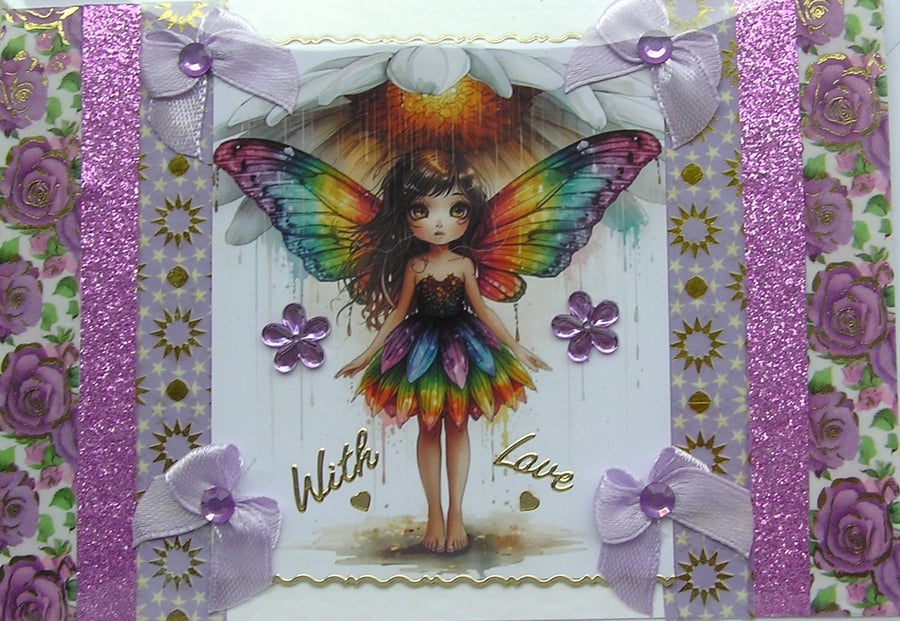 Fairy Rainbow Princess - Hand Crafted Decoupage Greeting Card - With Love 3312