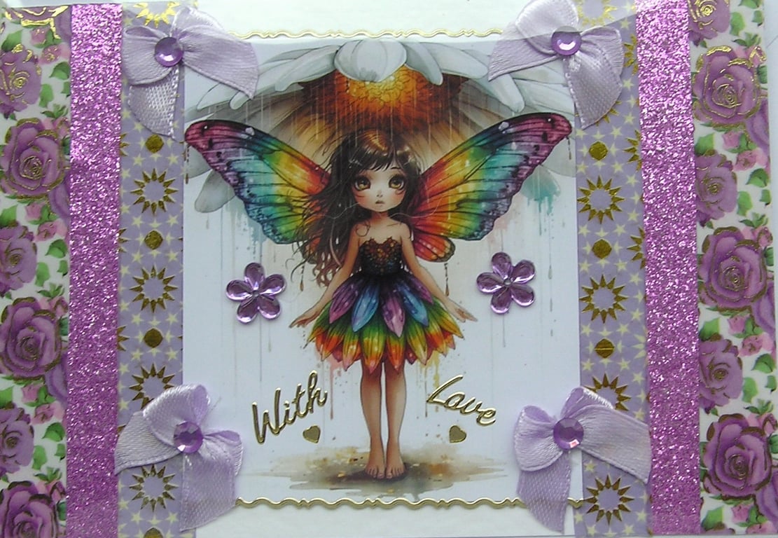 Fairy Rainbow Princess - Hand Crafted Decoupage Greeting Card - With Love 3312