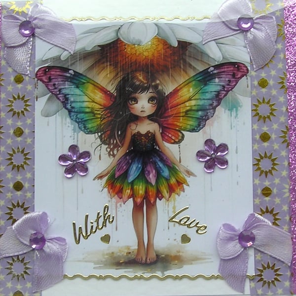 Fairy Rainbow Princess - Hand Crafted Decoupage Greeting Card - With Love 3312