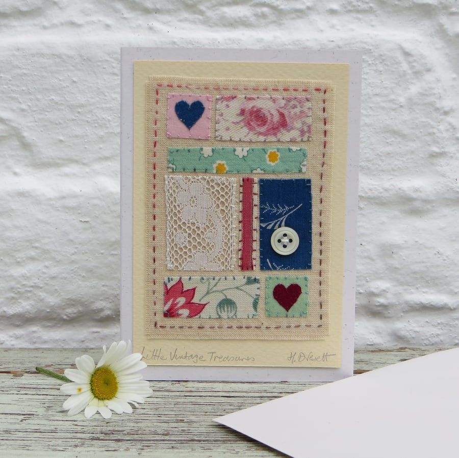 Vintage fabrics hand-stitched miniature on card - a unique gift to keep.