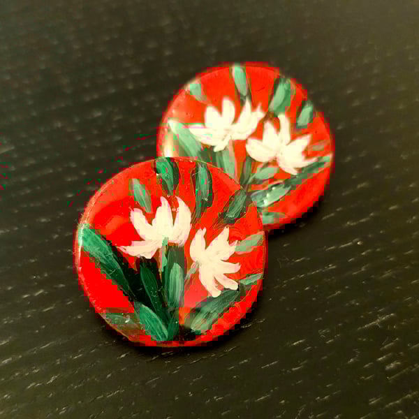 Hand-Painted Earrings – White Flowers on Red