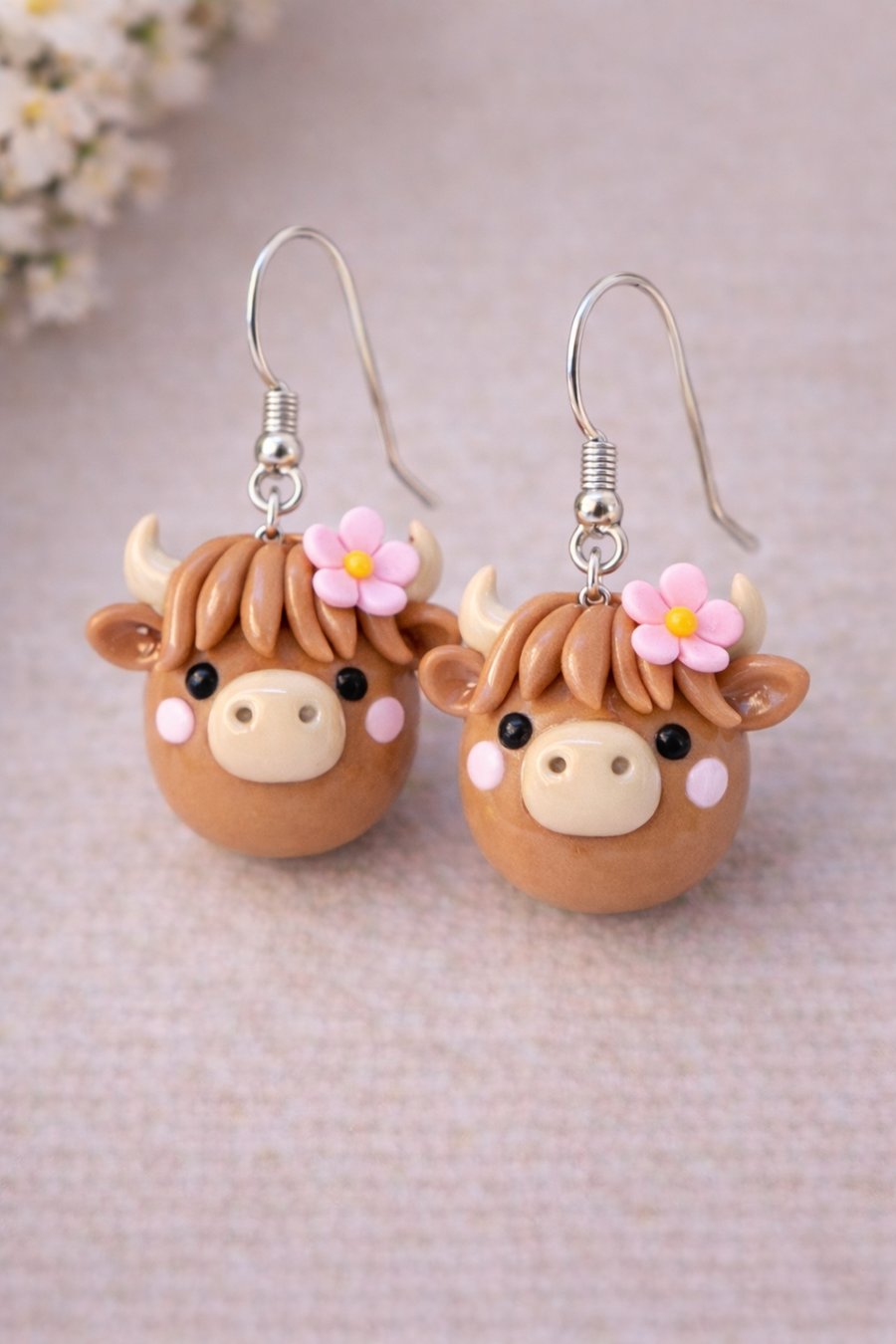 Highland Cow Clay Dangle Earrings – Cute Cow Jewellery, Silver Hooks