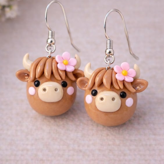 Highland Cow Clay Dangle Earrings – Cute Cow Jewellery, Silver Hooks