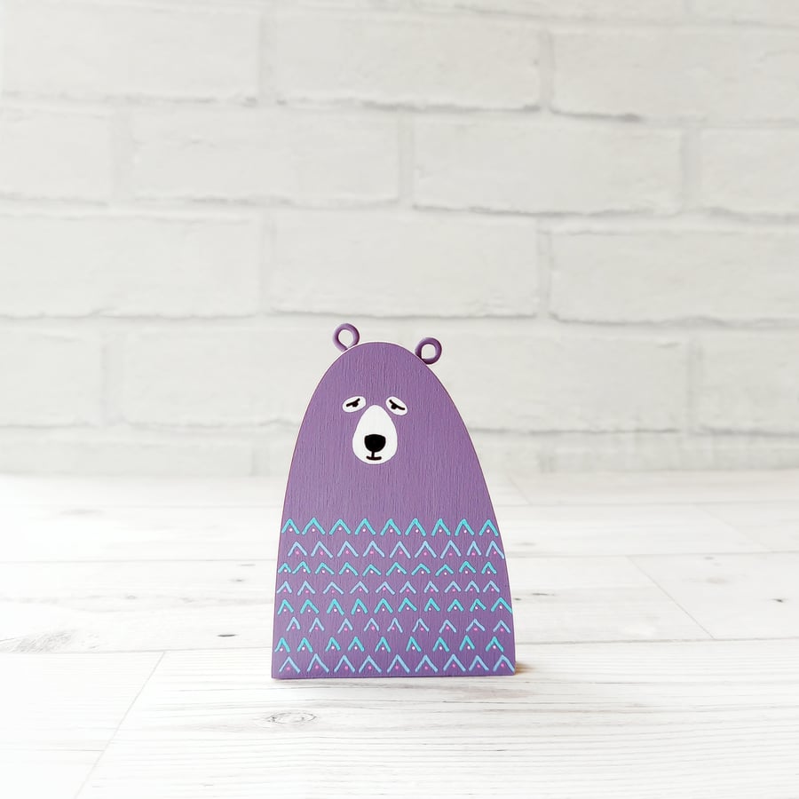 Sleepy Purple Bear, Handmade Wooden Bear