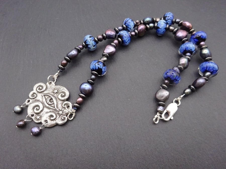 lampwork glass necklace, pewter pendant
