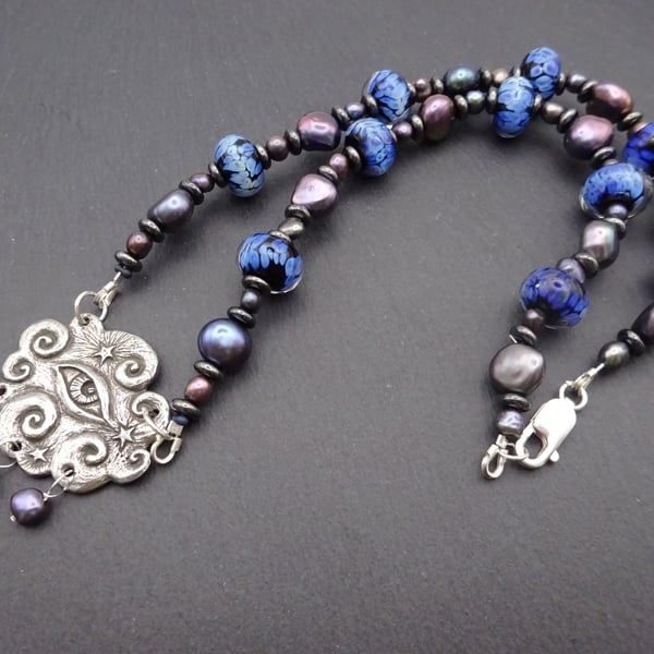 lampwork glass necklace, pewter pendant