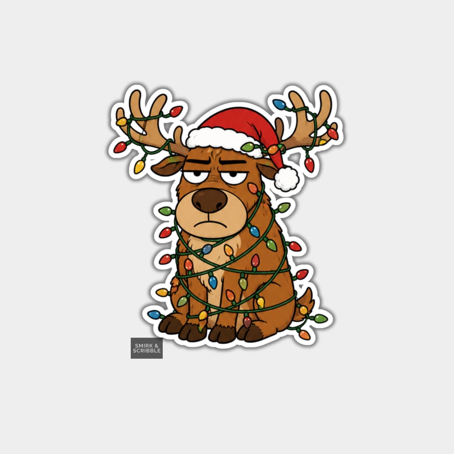 Image of Unique Funny Christmas Sticker Xmas Decal - Grumpy Reindeer