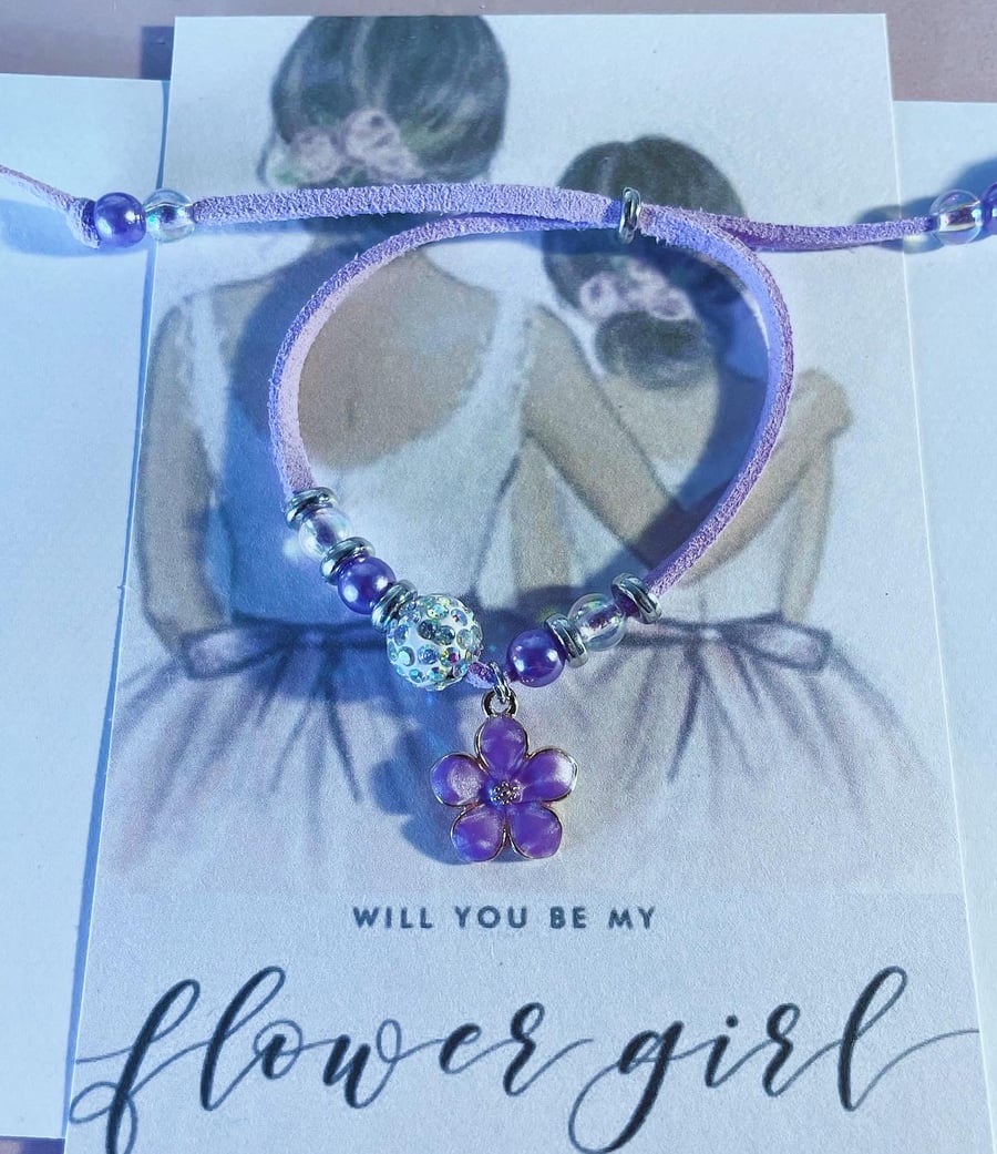 Flower girl flower charm gift bracelet bridal gift suede effect corded bracelet 