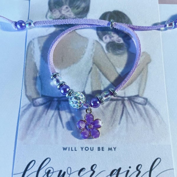 Flower girl flower charm gift bracelet bridal gift suede effect corded bracelet 