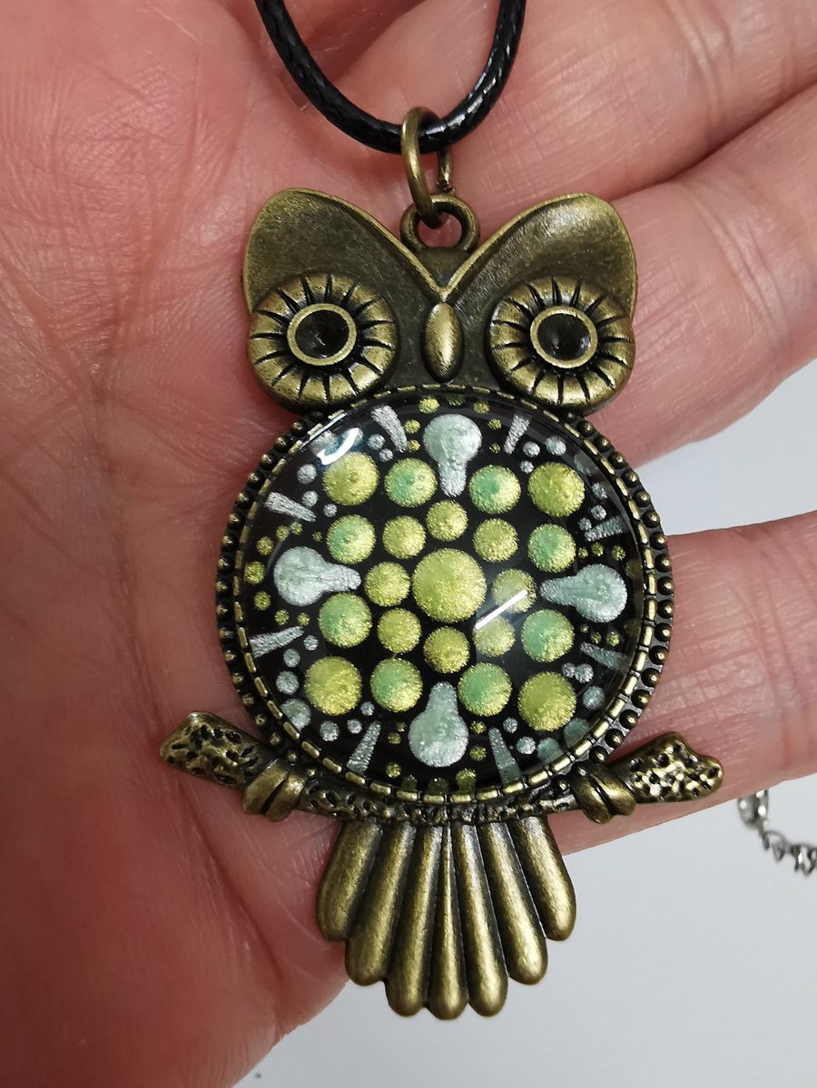 Dot Painted Owl Pendant Green and Sky Blue