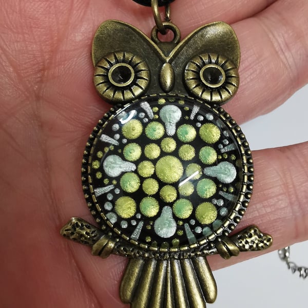 Dot Painted Owl Pendant Green and Sky Blue