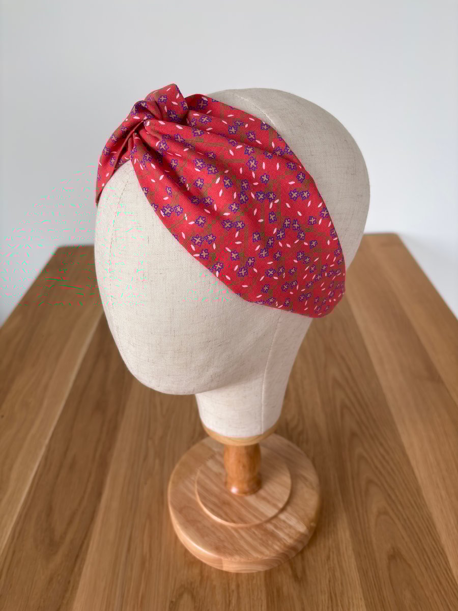 Cotton headband, twist knot style hairband in pink floral print