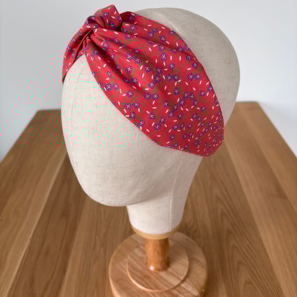 Cotton headband, twist knot style hairband in pink floral print