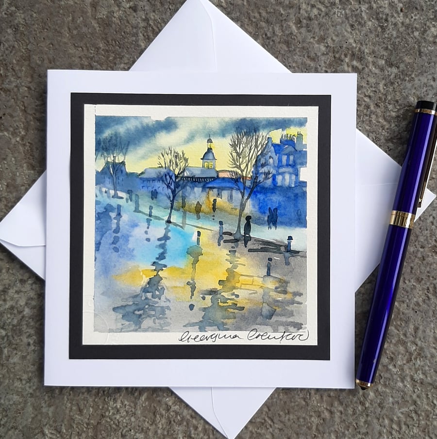 Handpainted Blank Card. Handmade. Letterbox Gift. Keepsake. Rainy Shadows