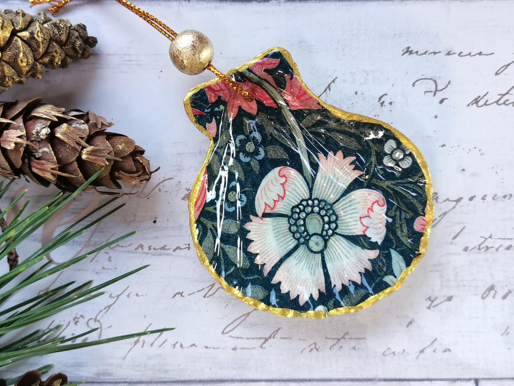 Hanging Shell Ornament: Dark Floral Teal, William Morris Compton